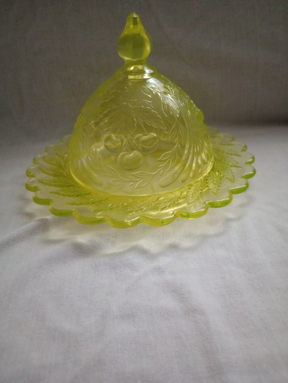 Dugan Glass Wreathed Cherries Design Yellow Round Butter Dish With Dome Lid